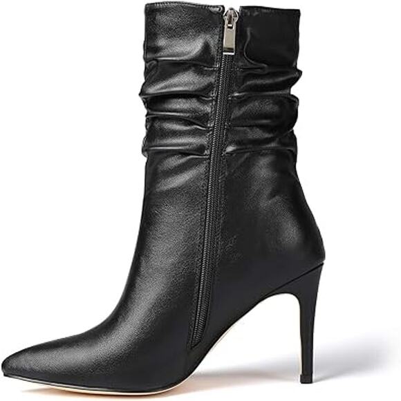 Vivianly Womens 9 Black Faux Leather Pointed Toe 3.5" Heel Slouch Ankle Boots - Picture 1 of 10